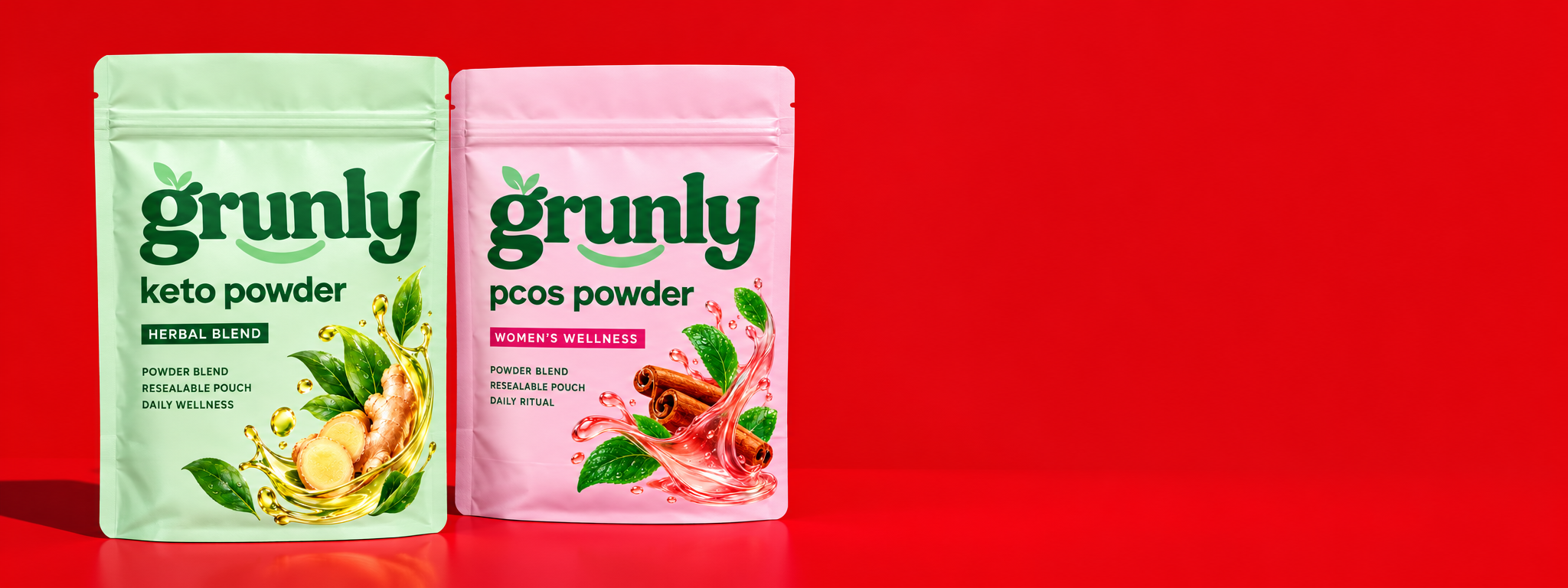 Grunly green Keto Powder and pink PCOS Powder pouches on a vivid red campaign background