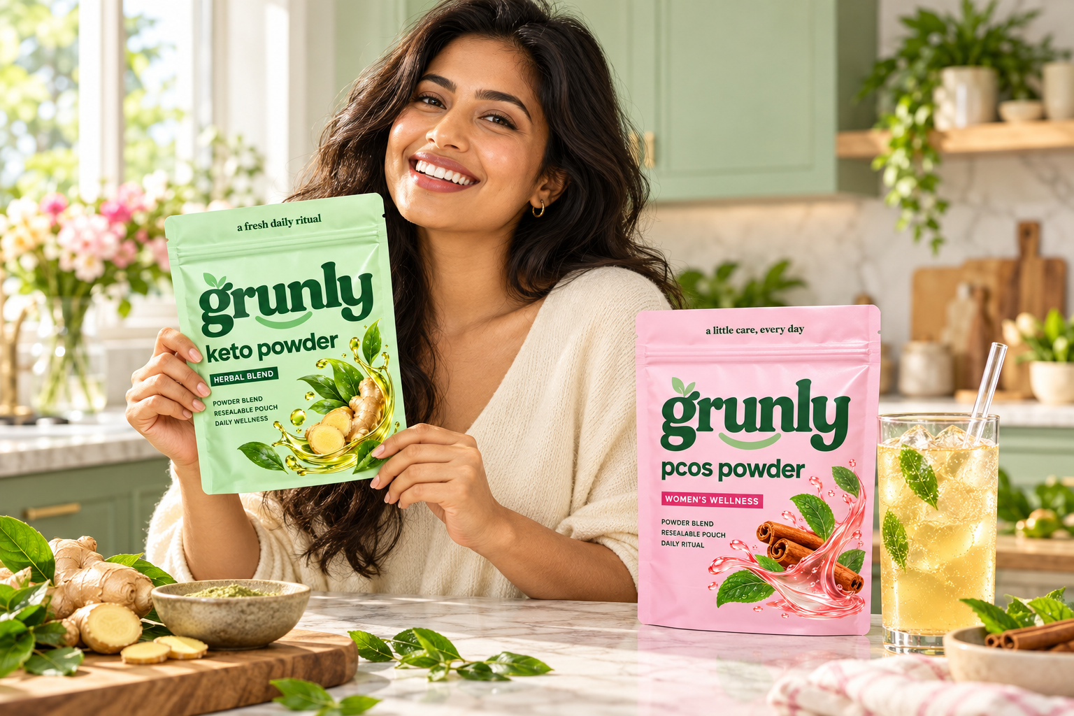 Staged Grunly campaign photograph of an adult woman holding Keto Powder in a bright kitchen