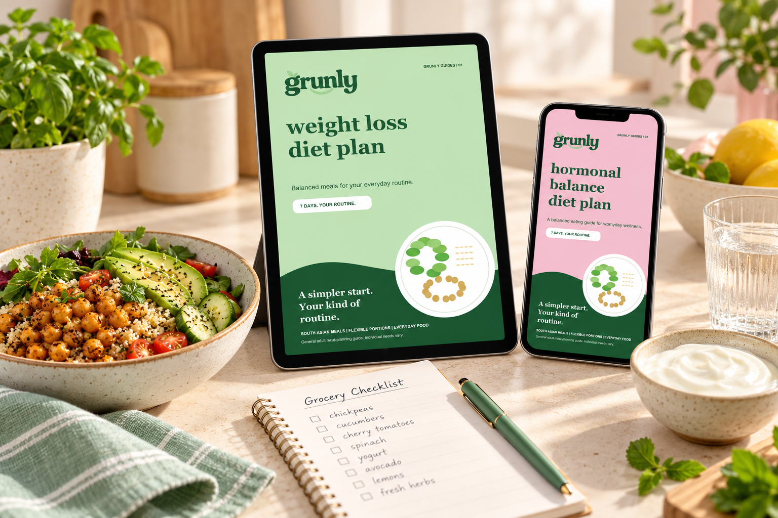 Grunly digital meal guides displayed on a tablet and phone beside everyday food and a shopping checklist