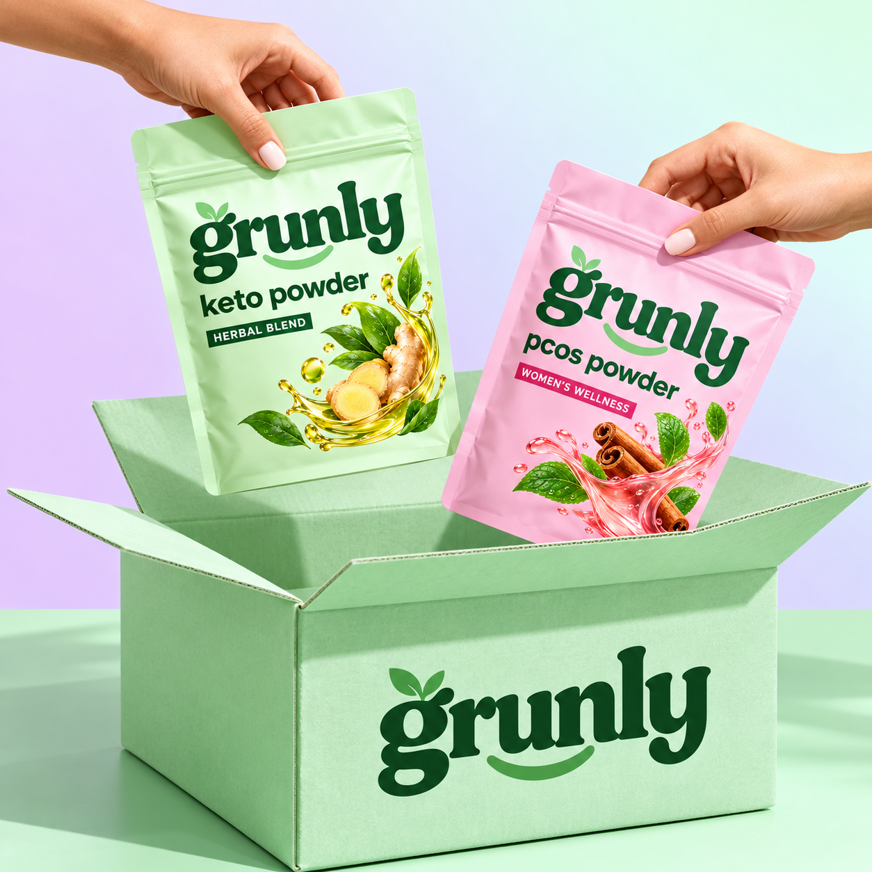 Hands packing Grunly Keto Powder and PCOS Powder pouches into an open mint-green Grunly box