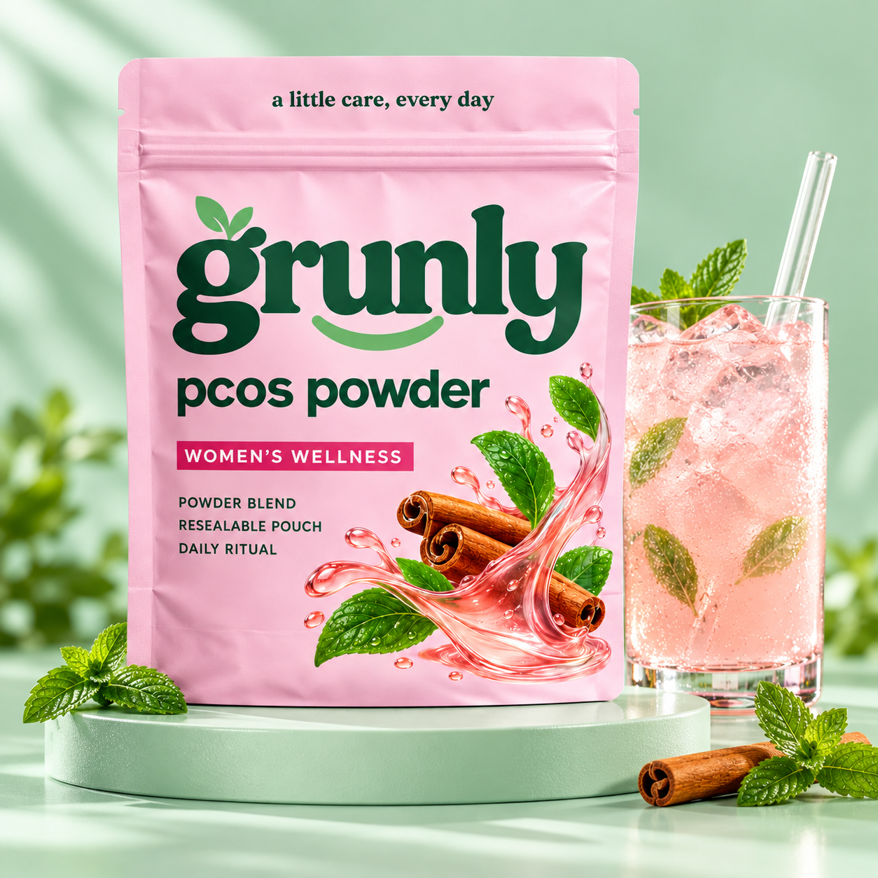 Pink Grunly PCOS Powder pouch in a studio campaign